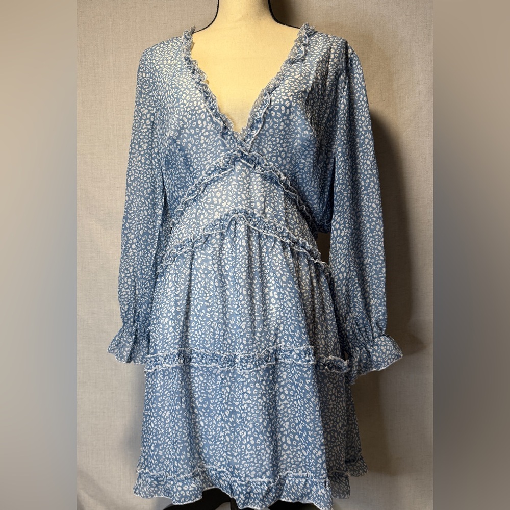 Blue Ruffle V-Neck Dress - Picture 4 of 9